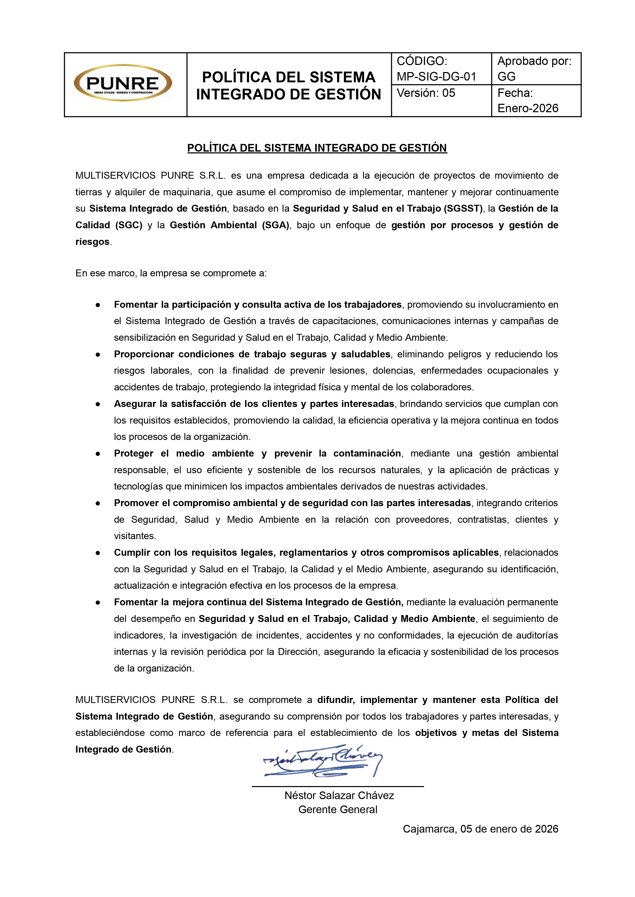  POLITICA DEL SIG Multiservicios Punre