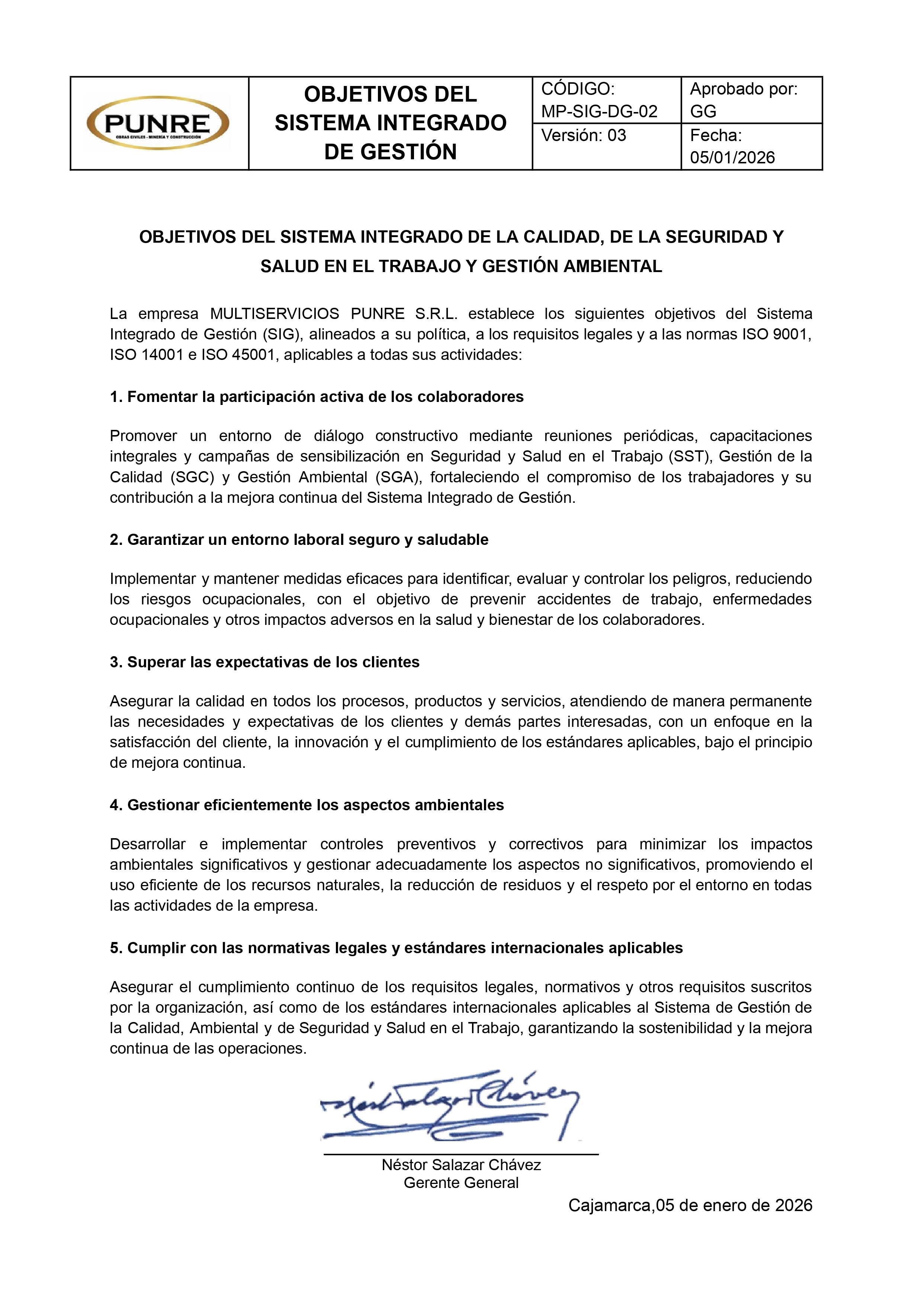 2. OBJETIVOS DEL SIG MULTISERVICIOS PUNRE