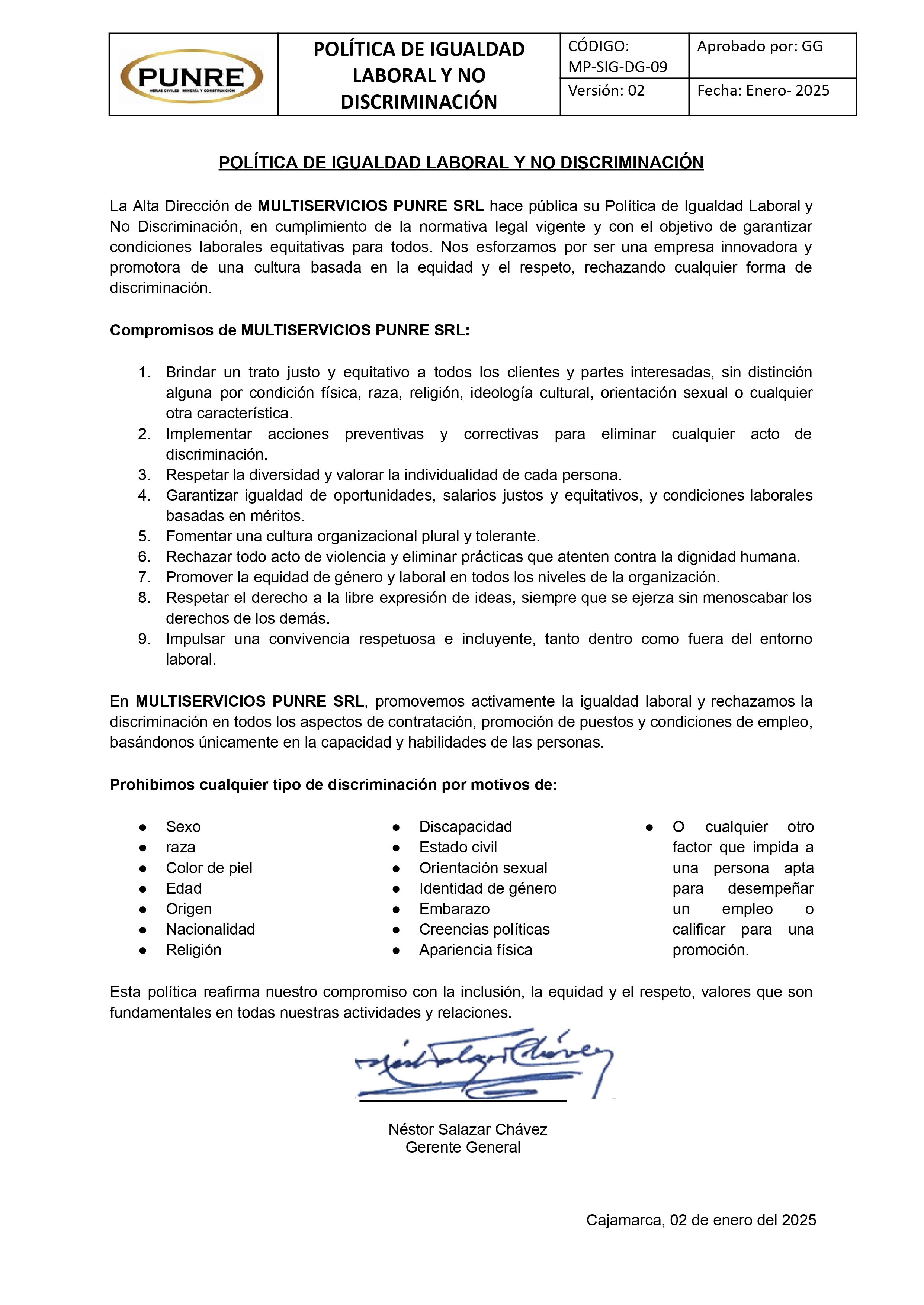 POLÍTICA DE IGUALDAD LABORAL Y NO DISCRIMINACIÓN