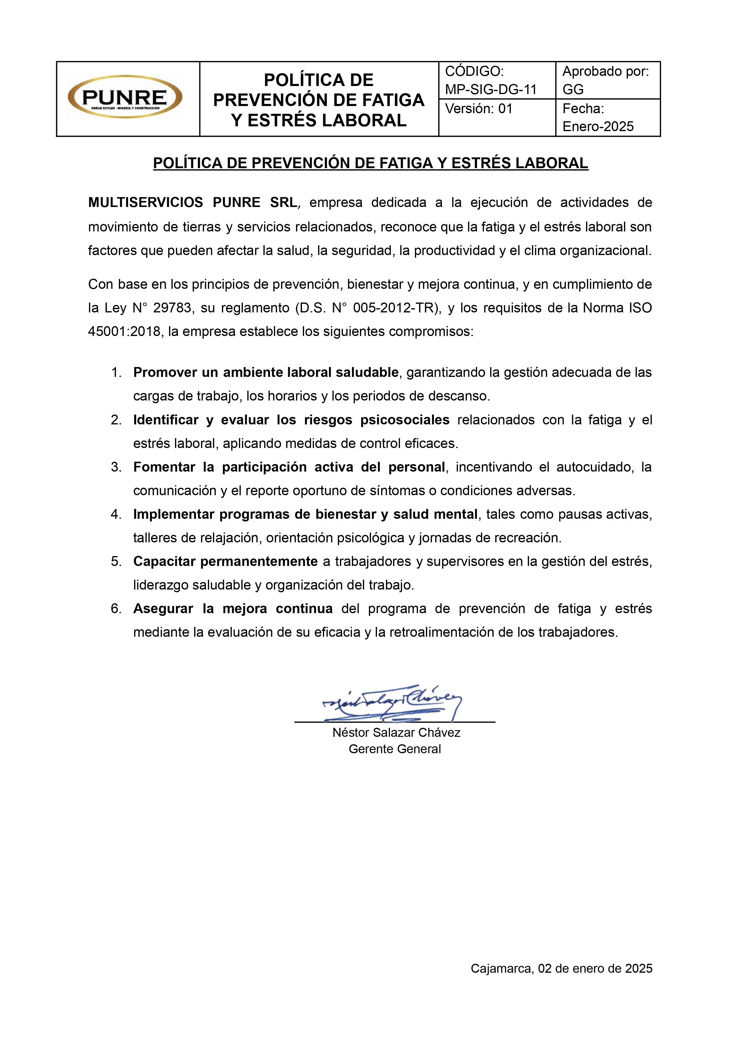 POLITICA DE PREVENCIÓN DE FATIGA Y ESTRESS LABORAL